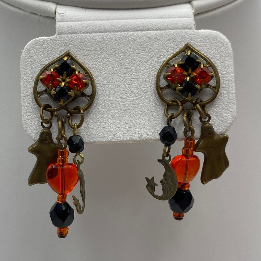 Vintage Ghost Moon Orange & Black Dangle Earrings